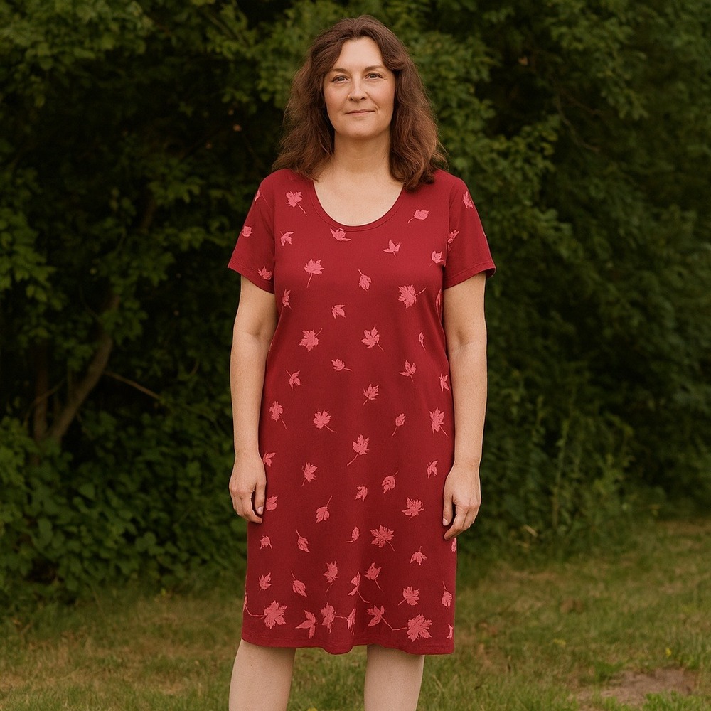 M Mac Vermont Country Store Dress Womens Large Red Pink Leaf Print V Neck Print